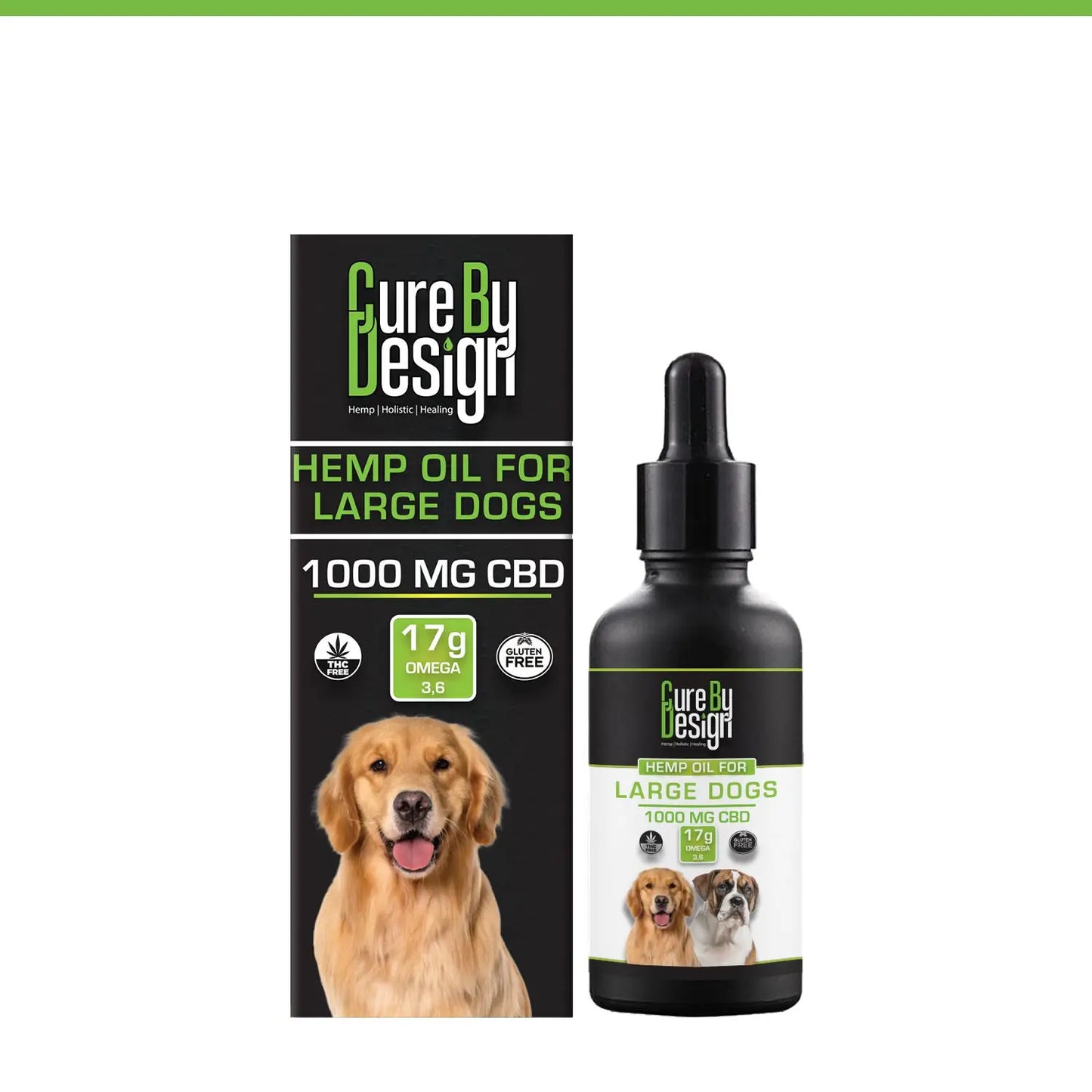 Cure By Design hemp oil for large dogs packaging and bottle on a white background