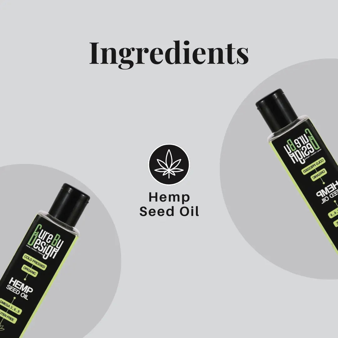 Two bottles of Hemp Seed Oil with a cannabis leaf icon and text on a light gray background.