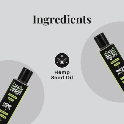 Two bottles of Hemp Seed Oil with a cannabis leaf icon and text on a light gray background.