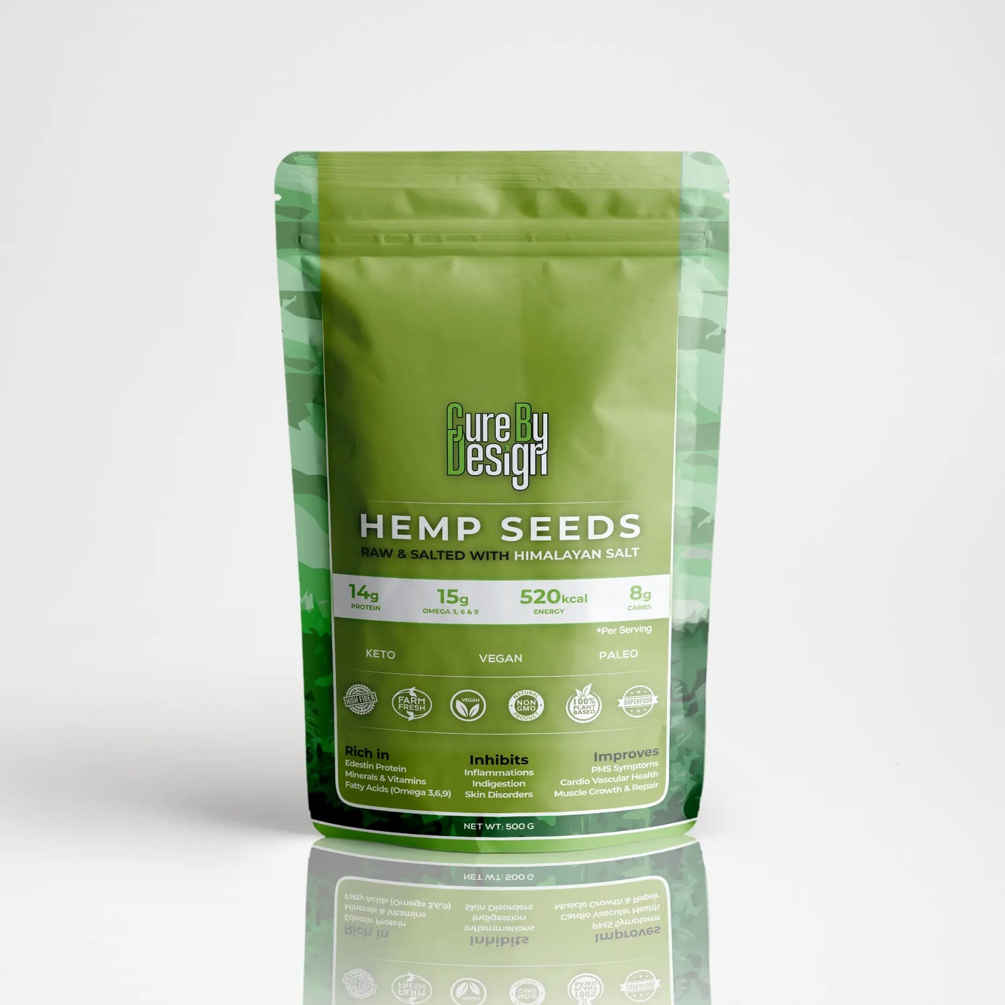 Green package of hemp seeds with 'Cure by Design' branding on a white background