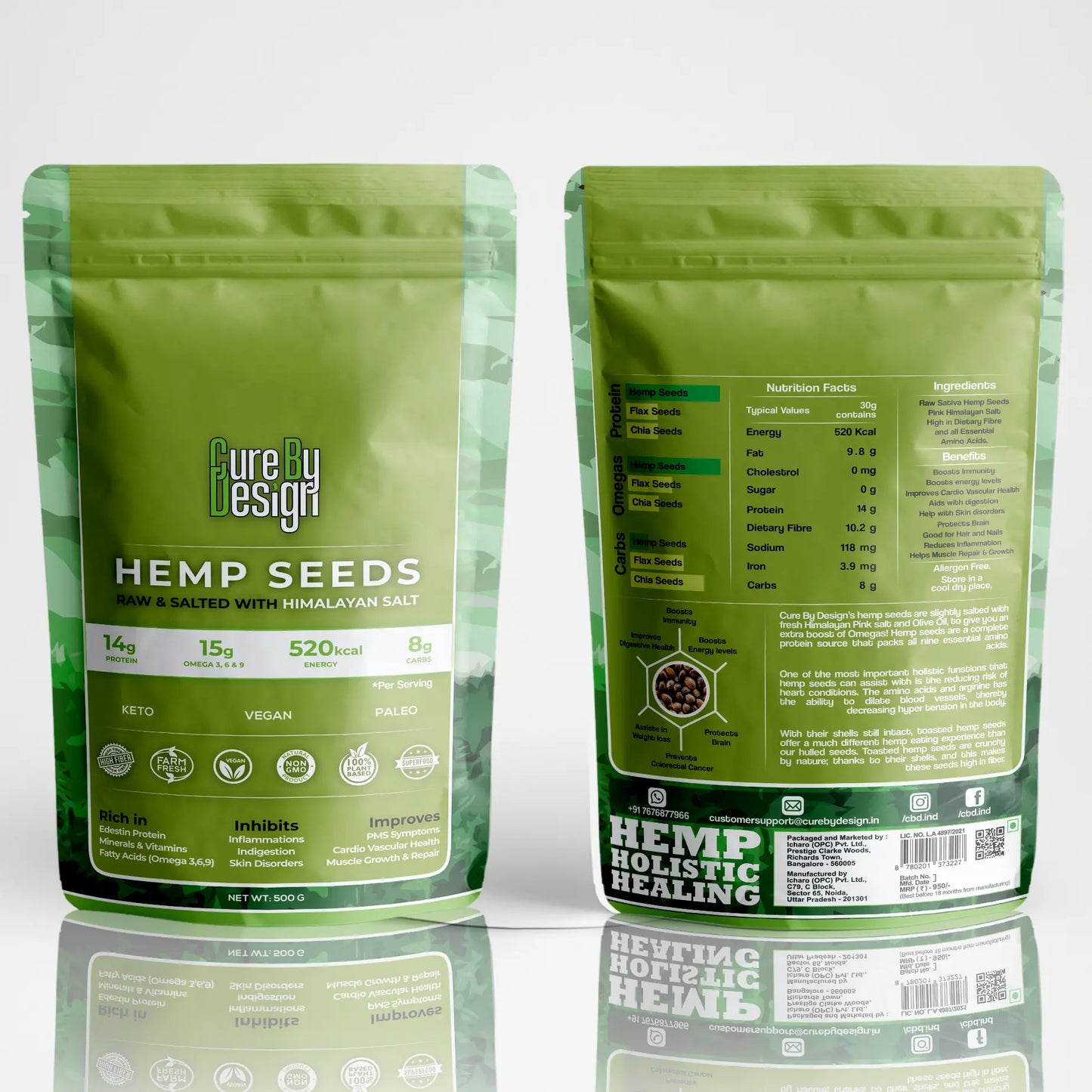 Green package of hemp seeds with front and back views on a white background