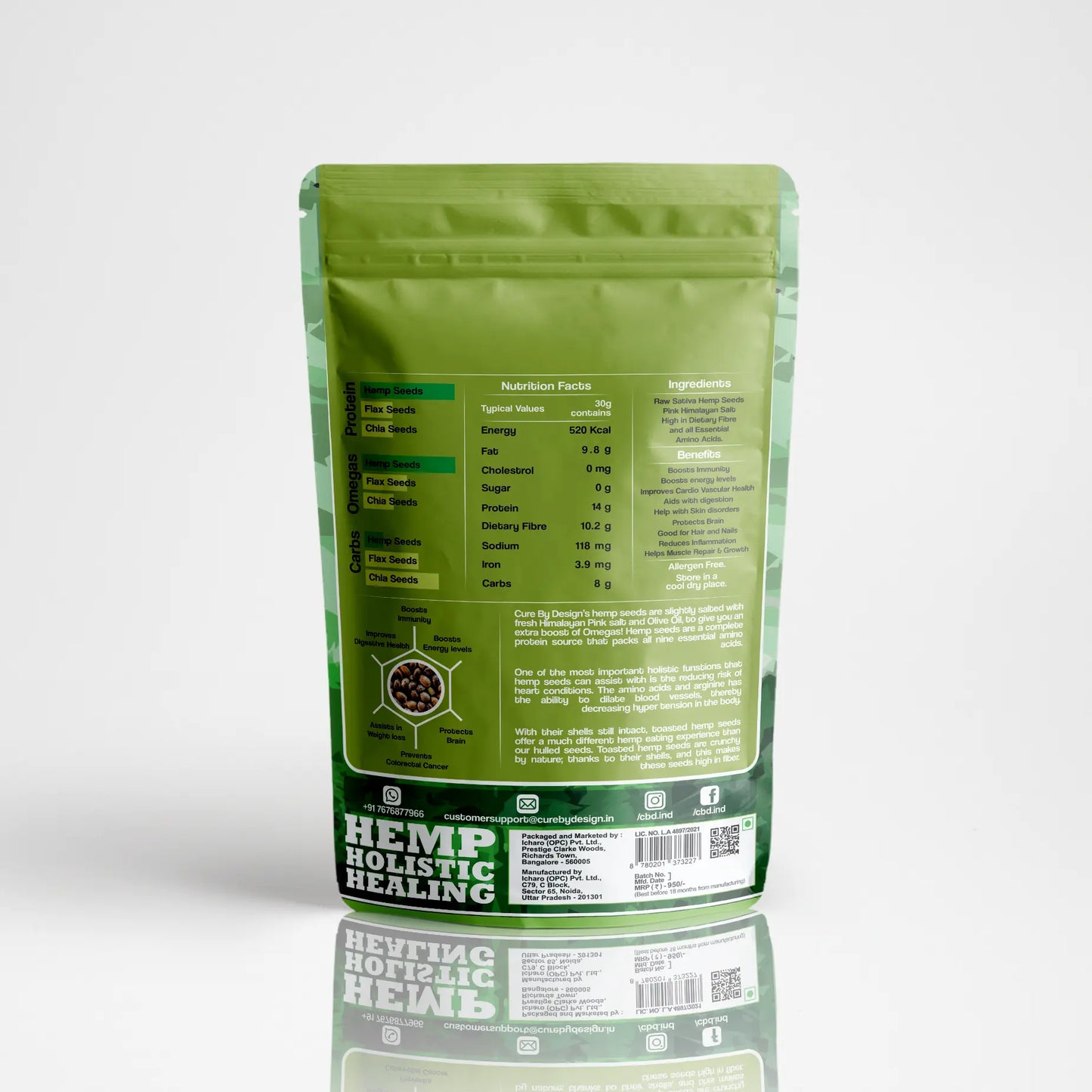 Green package of Hemp Seeds Product on a white background