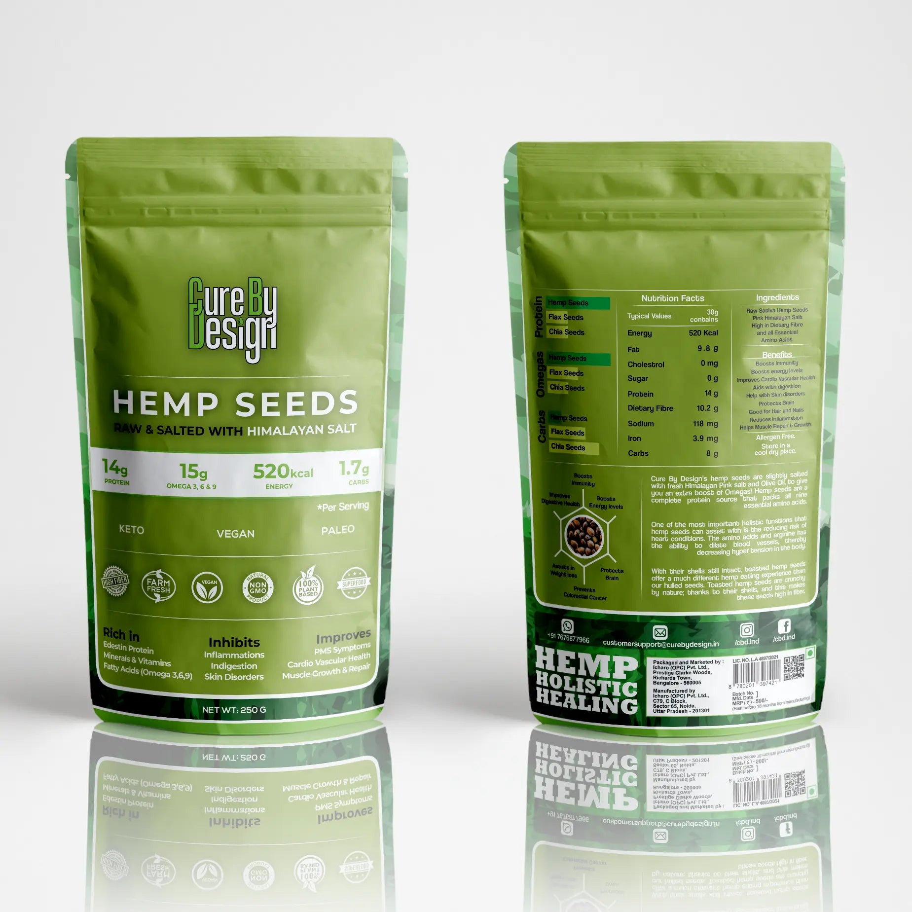 Two green packages of Cure by Design Hemp Seeds on a reflective surface with a white background