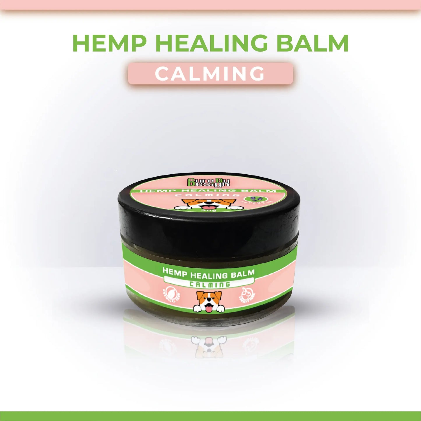Jar of Hemp Healing Balm for pets 'Calming' label on a white background