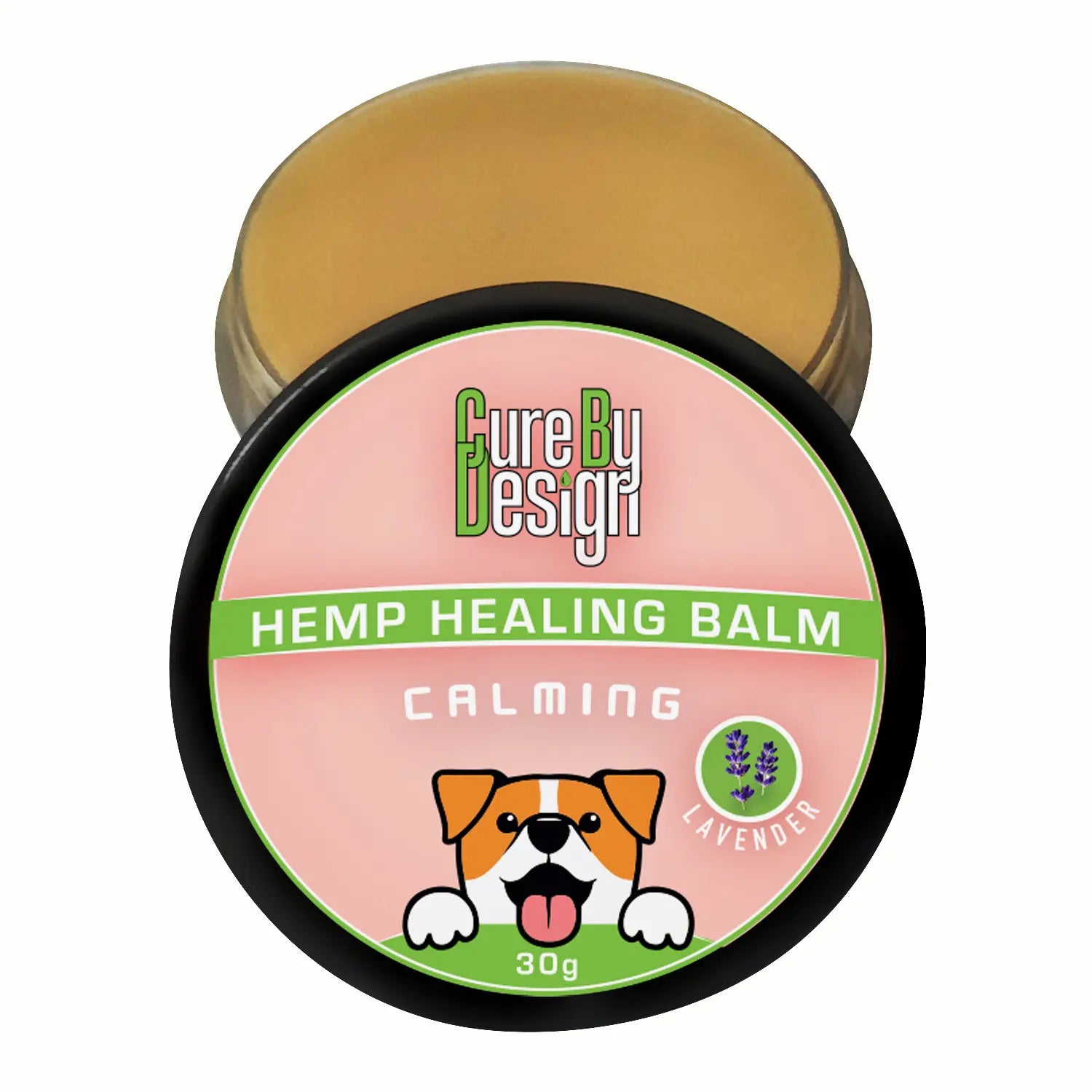 Pets Hemp healing balm container with 'Cure By Design' branding on a white background