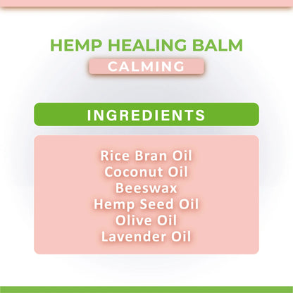 Hemp healing balm ingredients list on a white background