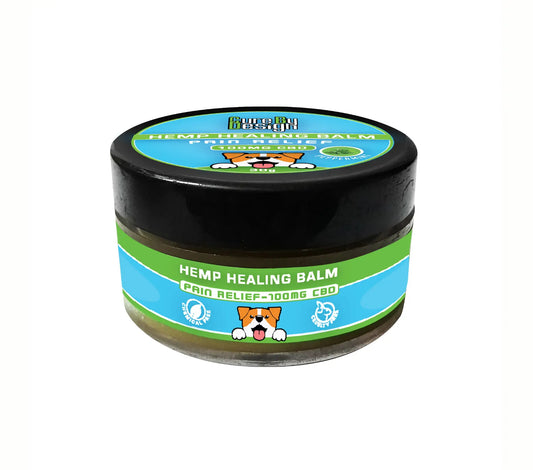 Hemp Healing Balm jar with a black lid and colorful label on a white background