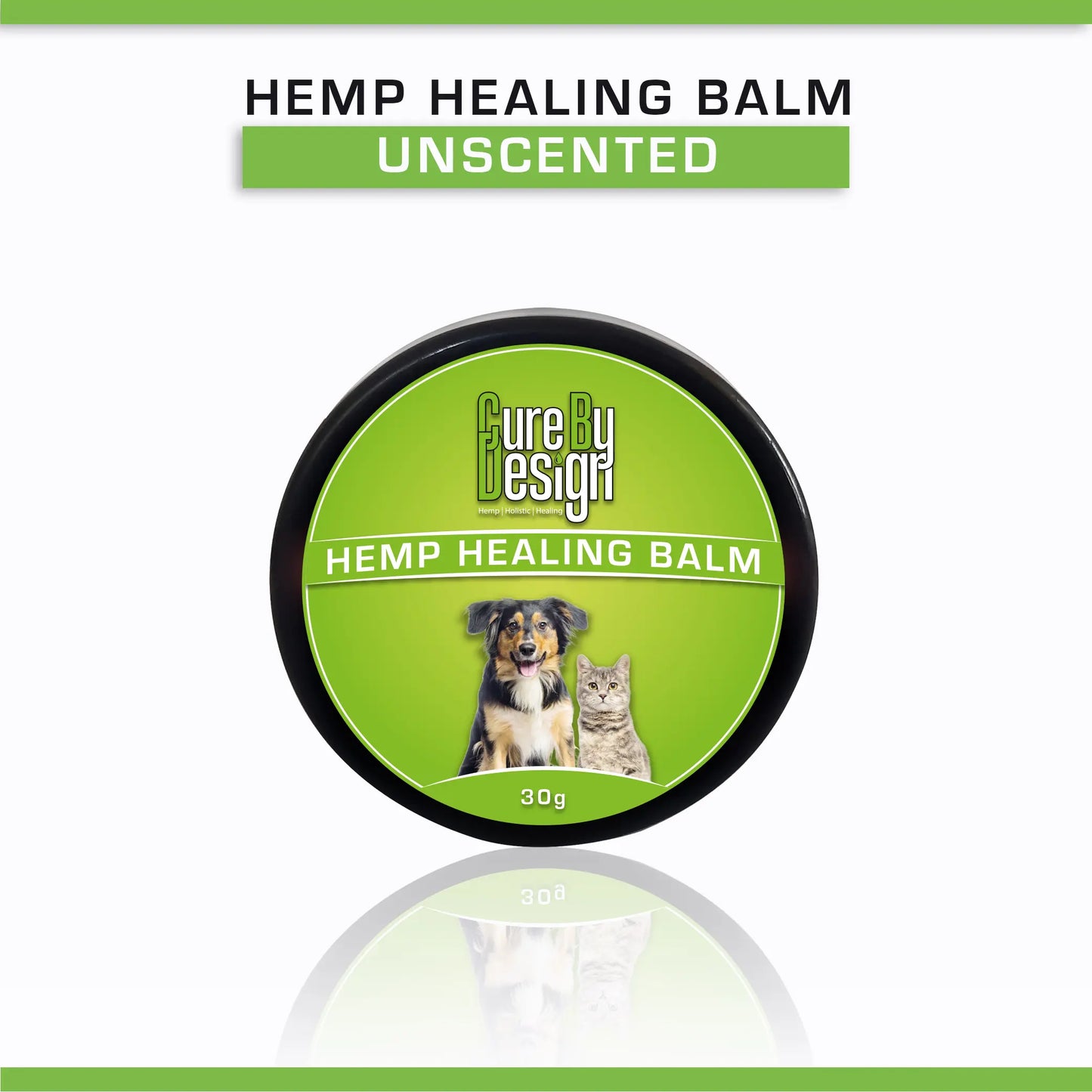 Cure by Design Hemp Healing Balm container with a green label featuring a dog and cat, on a white background.
