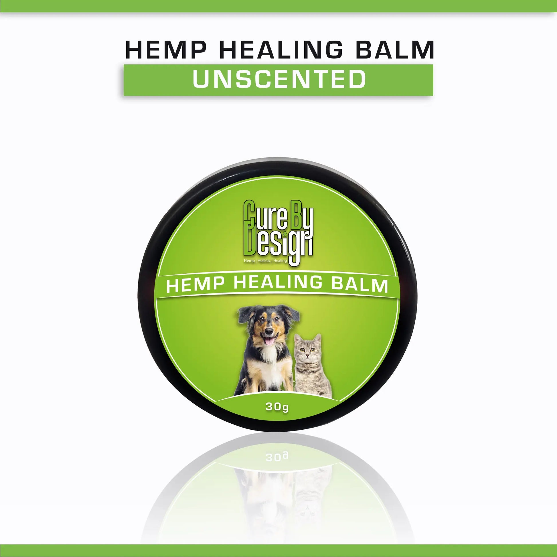 Cure by Design Hemp Healing Balm container with a green label featuring a dog and cat, on a white background.