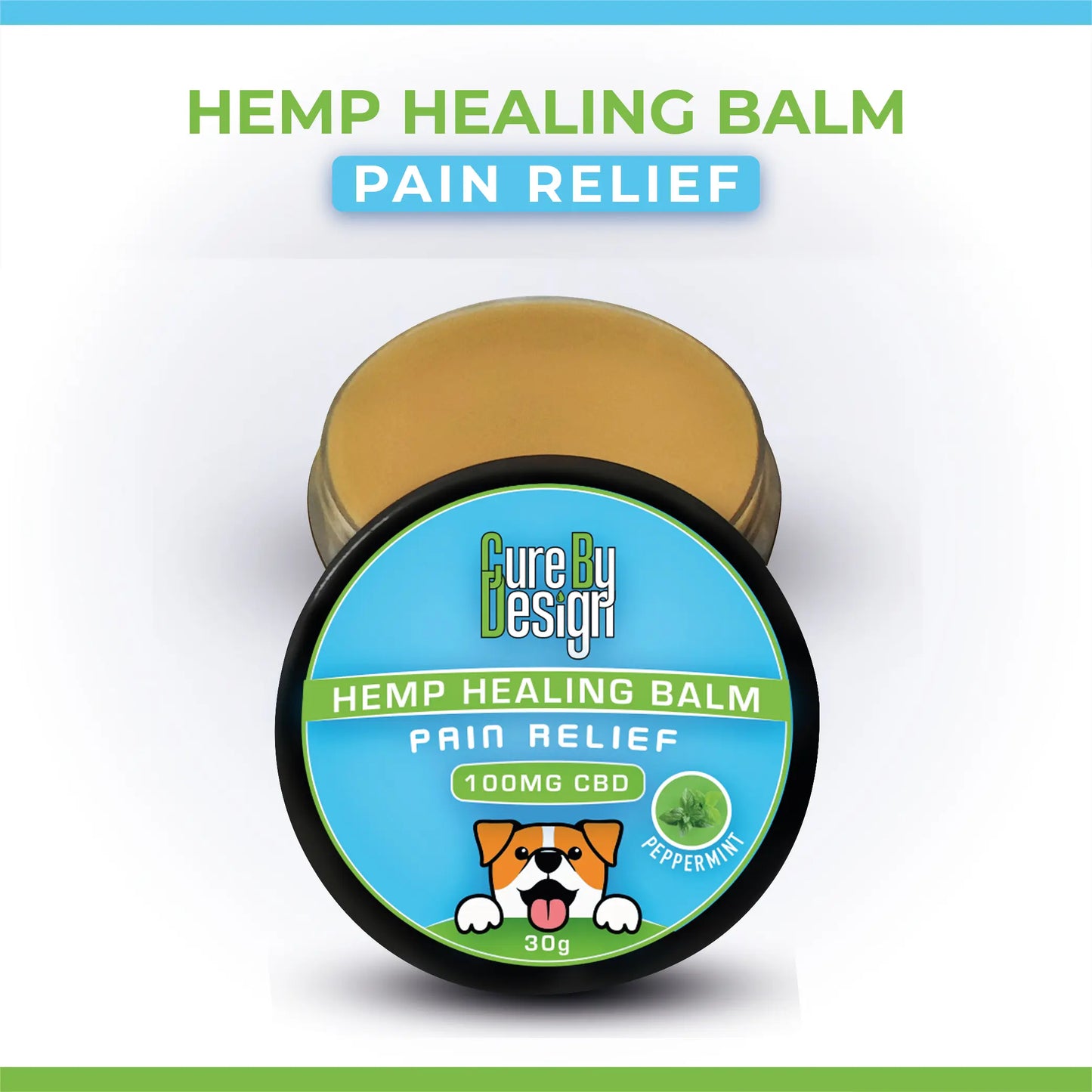 Hemp healing balm for pets pain relief with 'Cure by Design' branding on a white background