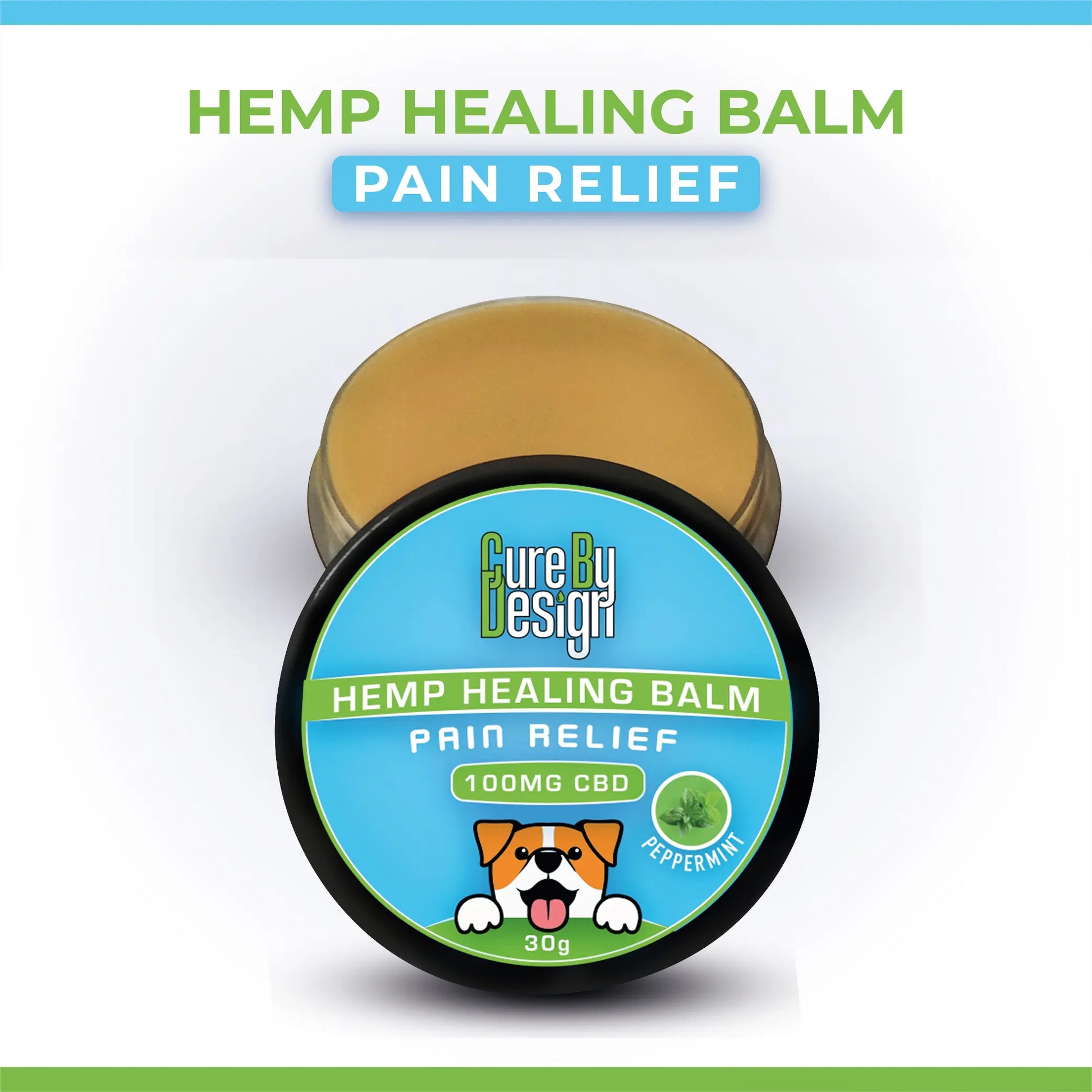 Hemp healing balm for pets pain relief with 'Cure by Design' branding on a white background