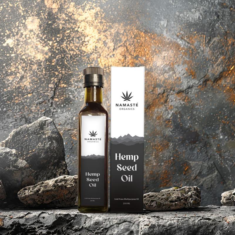 Namaste Organics Hemp Seed Oil bottle and packaging on a textured stone background