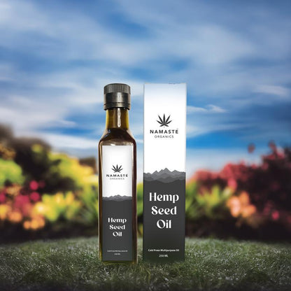 Namaste Organics Hemp Seed Oil bottle and packaging with a blurred natural background