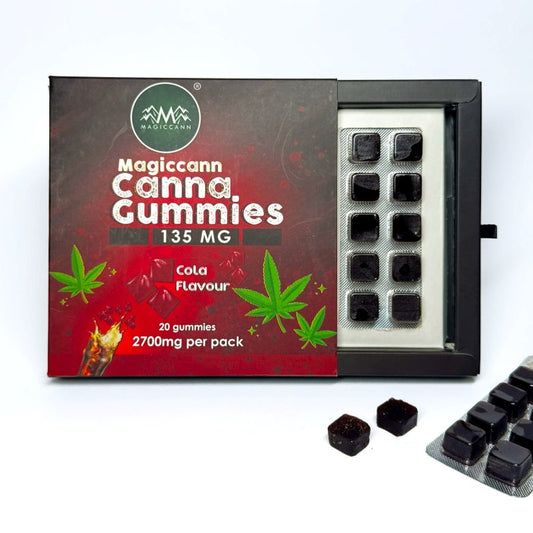 Package of Magiccann Canna Gummies with CBD, THC gummies visible in a tray.
