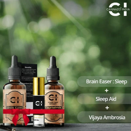 Two CBD Product bottles of 'Brain Easer' and 'Sleep Aid' with a blurred green background, featuring the Cannazo India brand.