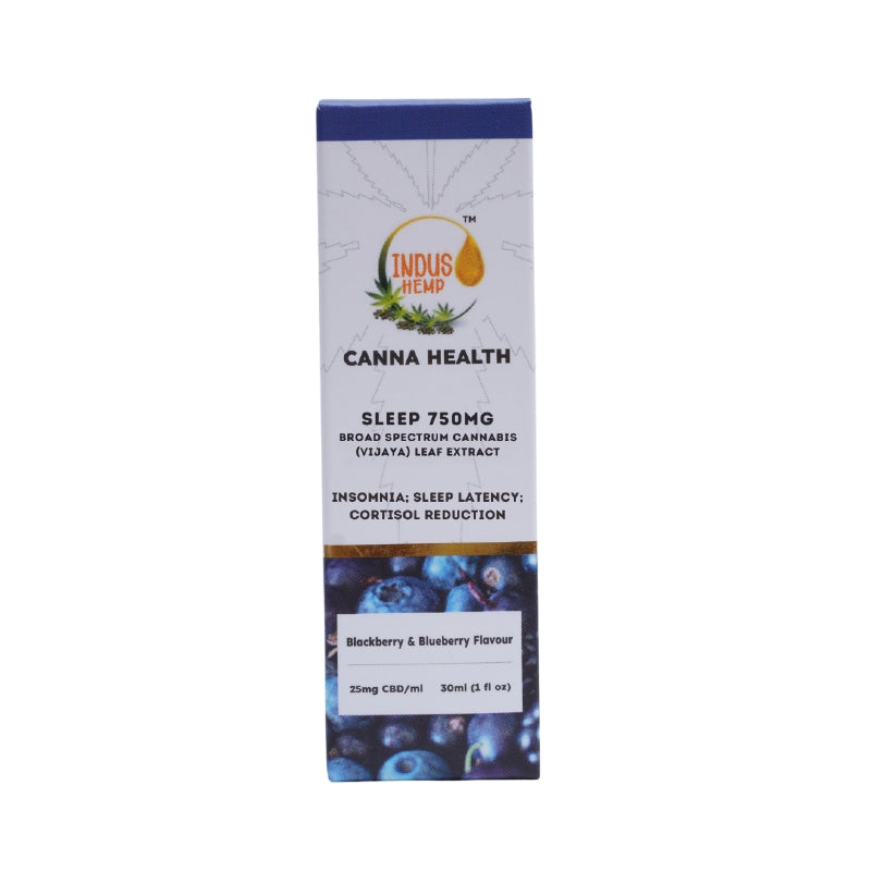 Indus Hemp Canna Health Sleep 750MG packaging with blueberry flavor on a white background