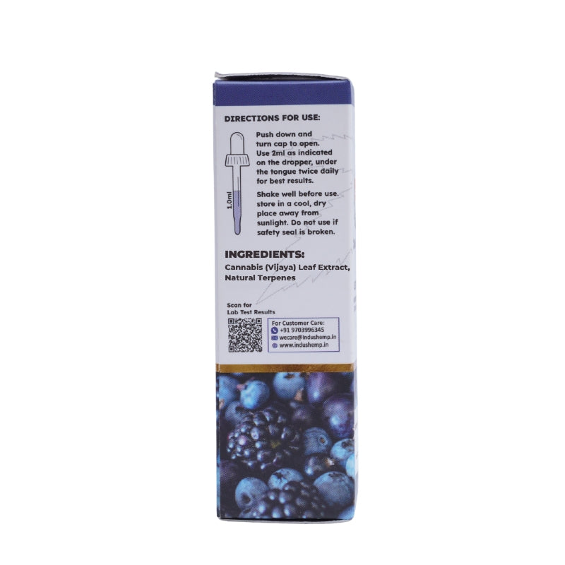 CBD Oil Supplement bottle with blueberries and text on a white background