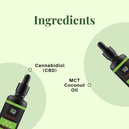CBD oil dropper with ingredients listed on a green background