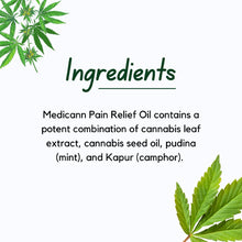 Load image into Gallery viewer, Ingredients: Medicann Pain Relief Oil contains a potent combination of cannabis leaf extract, seed oil, pudina, and Kapur.
