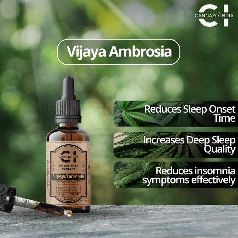 Vijaya Ambrosia CBD Oil bottle with cannabis leaves and text on a blurred green background