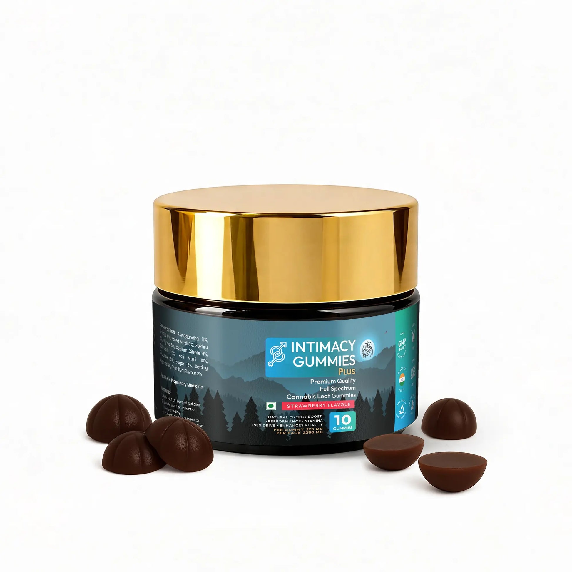 Jar of Intimacy CBD Gummies Plus with gold lid on a white background