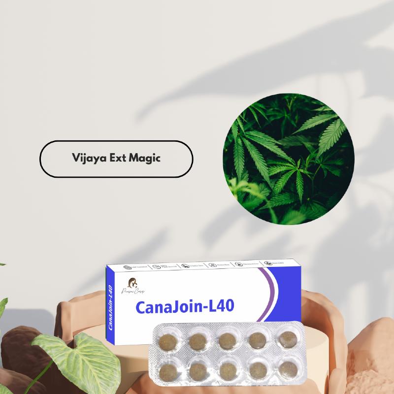  Paarmi Cares CanaJoin-L40 box with blister pack and cannabis leaves in the background. Text reads "Vijaya Ext Magic."