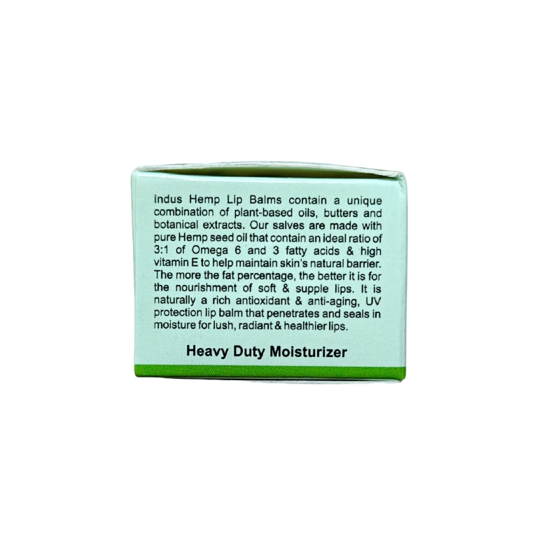 Box of Indus Hemp Lip Balms with text on a white background
