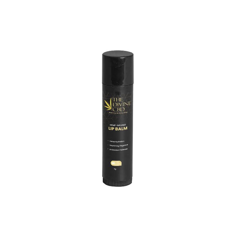 Black tube of hemp-infused lip balm from "The Divine CBD" with gold and white text on a white background.

