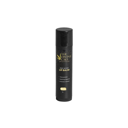Black tube of hemp-infused lip balm from "The Divine CBD" with gold and white text on a white background.

