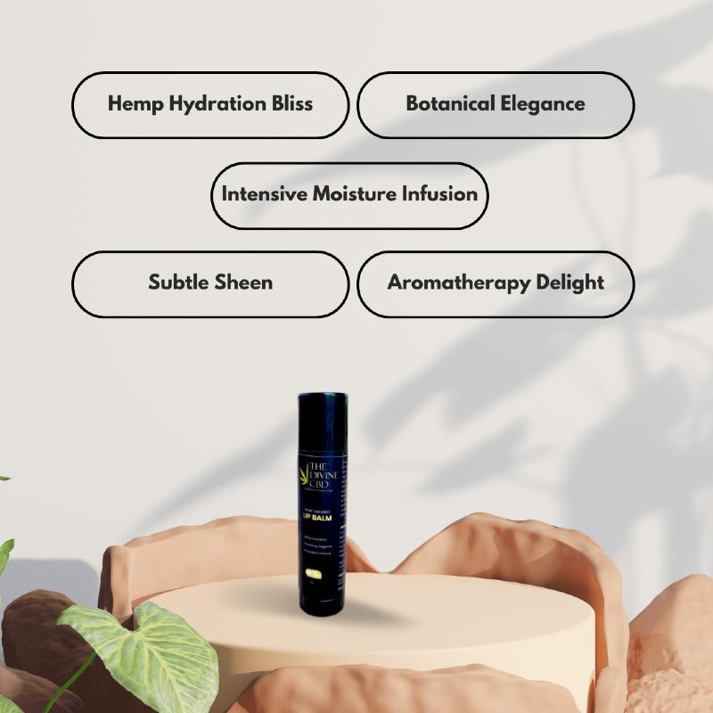 Black cylindrical lip balm on a beige pedestal, with text boxes above it.

