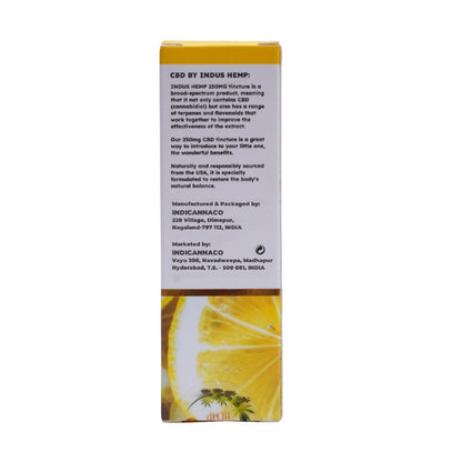 CBD product packaging with text and a yellow background