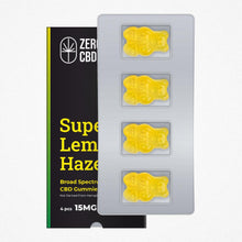 Load image into Gallery viewer, Broad spectrum CBD gummies with a citrusy Super Lemon Haze flavor for anxiety, stress, and pain relief.
