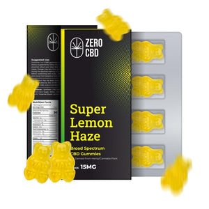 Zero CBD Broad Spectrum CBD Gummies in Super Lemon Haze flavor. Each gummy contains 15mg of CBD.