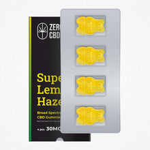 Load image into Gallery viewer, Package of four Zero CBD Super Lemon Haze Broad Spectrum CBD Gummies. Each gummy contains 15mg of CBD. Text on package says &quot;Zero CBD&quot; and &quot;Super Lemon Haze Broad Spectrum CBD Gummies.
