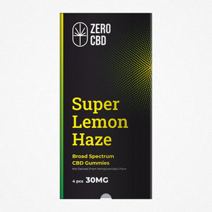 Looking to relieve anxiety, stress, or chronic pain? Try Zero CBD Super Lemon Haze Broad Spectrum CBD Gummies. This image shows a package containing four yellow gummies.