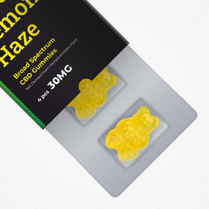 A package of Zero CBD Broad Spectrum CBD Gummies in Super Lemon Haze flavor. The gummies are a yellow color.