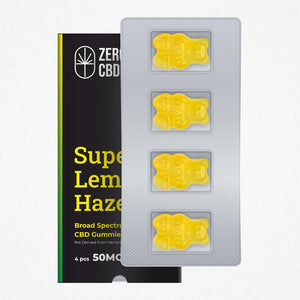 Package of four Zero CBD Broad Spectrum CBD Gummies in Super Lemon Haze flavor. Each gummy contains 50mg of CBD. Text on package says "ZER CBD" and "Broad Spectrum CBD Gummies.