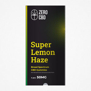 A black pouch of Zero CBD Broad Spectrum CBD Gummies in Super Lemon Haze flavor. The gummies are a yellow color and contain 50mg of CBD each.