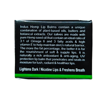Lip balm packaging with text about hemp lip balms on a white background