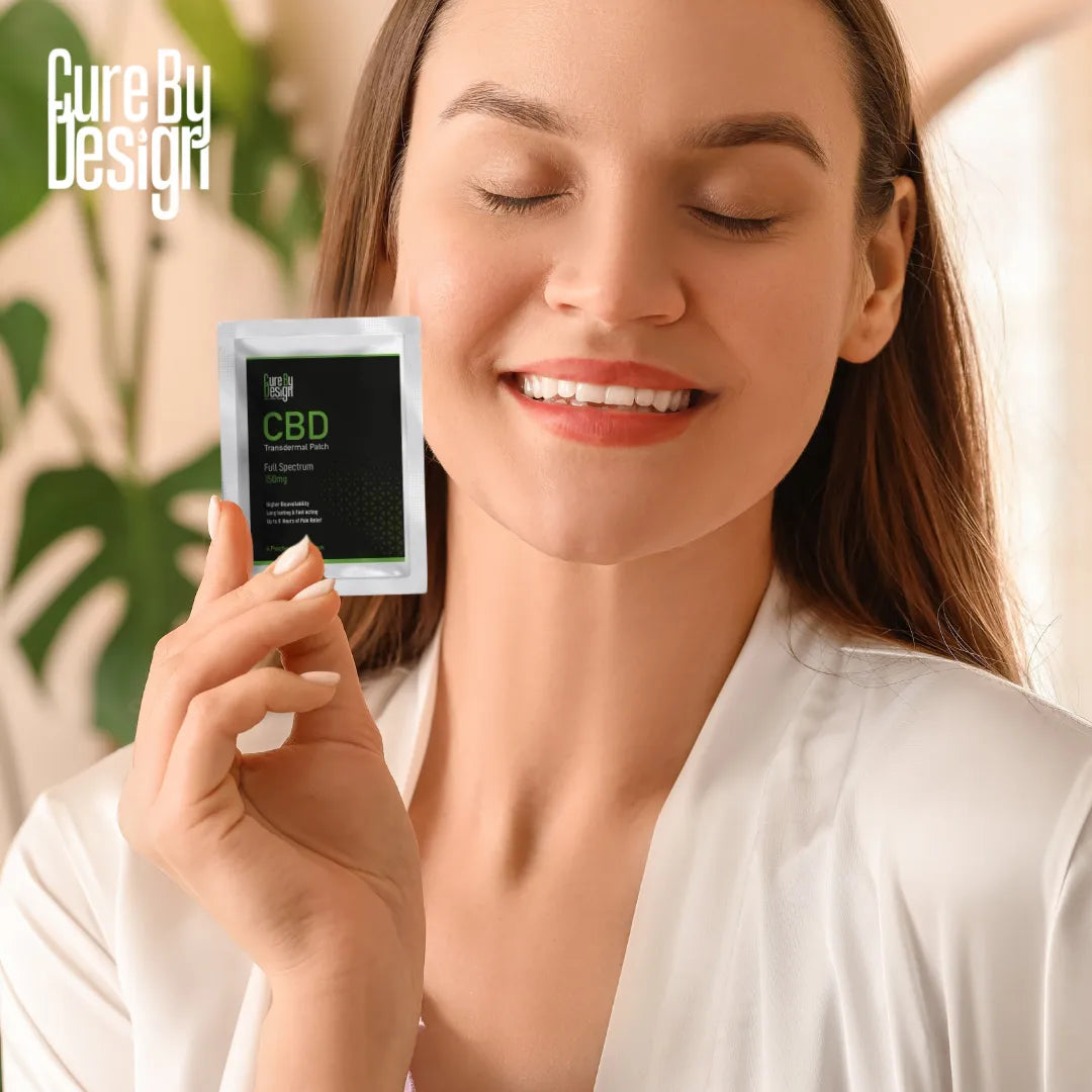 Woman holding a CBD product packaging with a blurred background