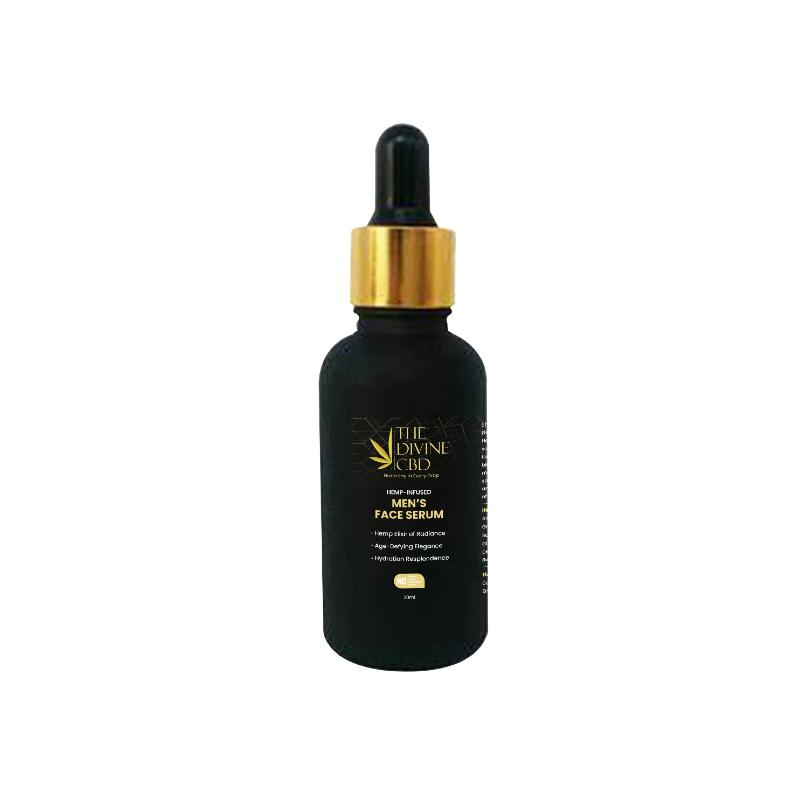  A black bottle of men's face serum with a gold label and a black dropper cap with a gold band.

