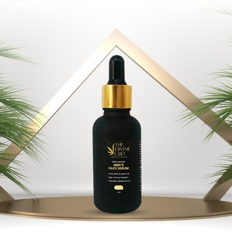 Black bottle of "The Divine CBD" face serum with gold label and dropper top, set against a minimalist background.
