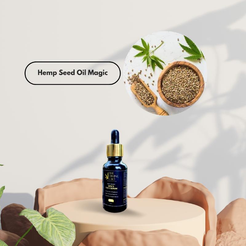 Bottle of hemp seed oil face serum on a beige platform with a circular inset of hemp seeds and hemp leaves; text reads "Hemp Seed Oil Magic."

