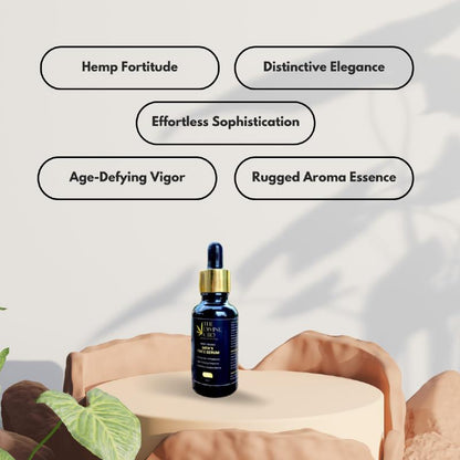 Bottle of face serum on a beige podium with text elements like "Hemp Fortitude" and "Age-Defying Vigor" .