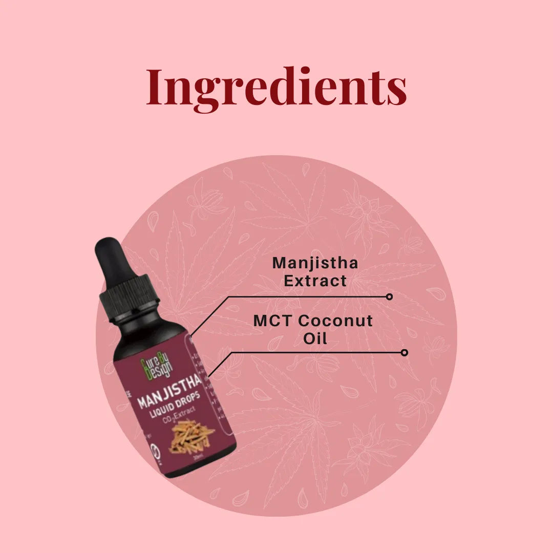 Manjistha Liquid Drops bottle with labeled ingredients on a pink background