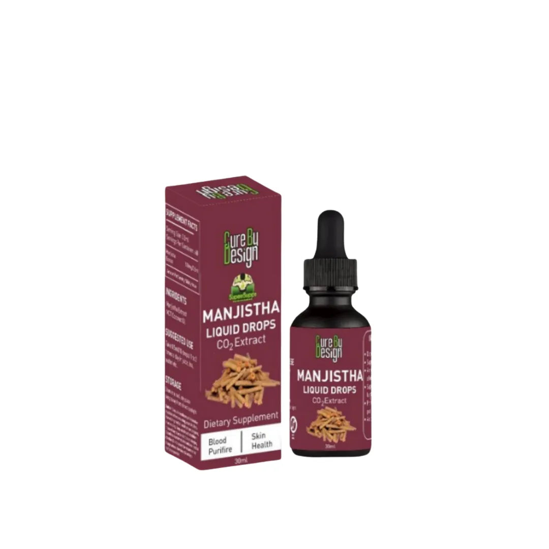 Manjistha liquid drops and packaging on a white background