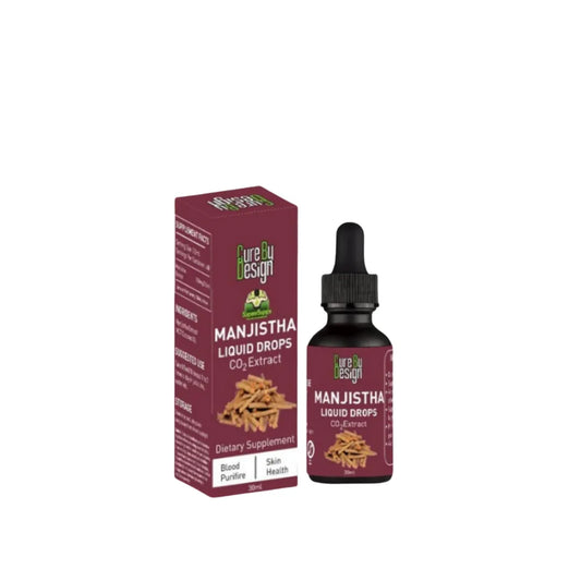 Manjistha liquid drops and packaging on a white background