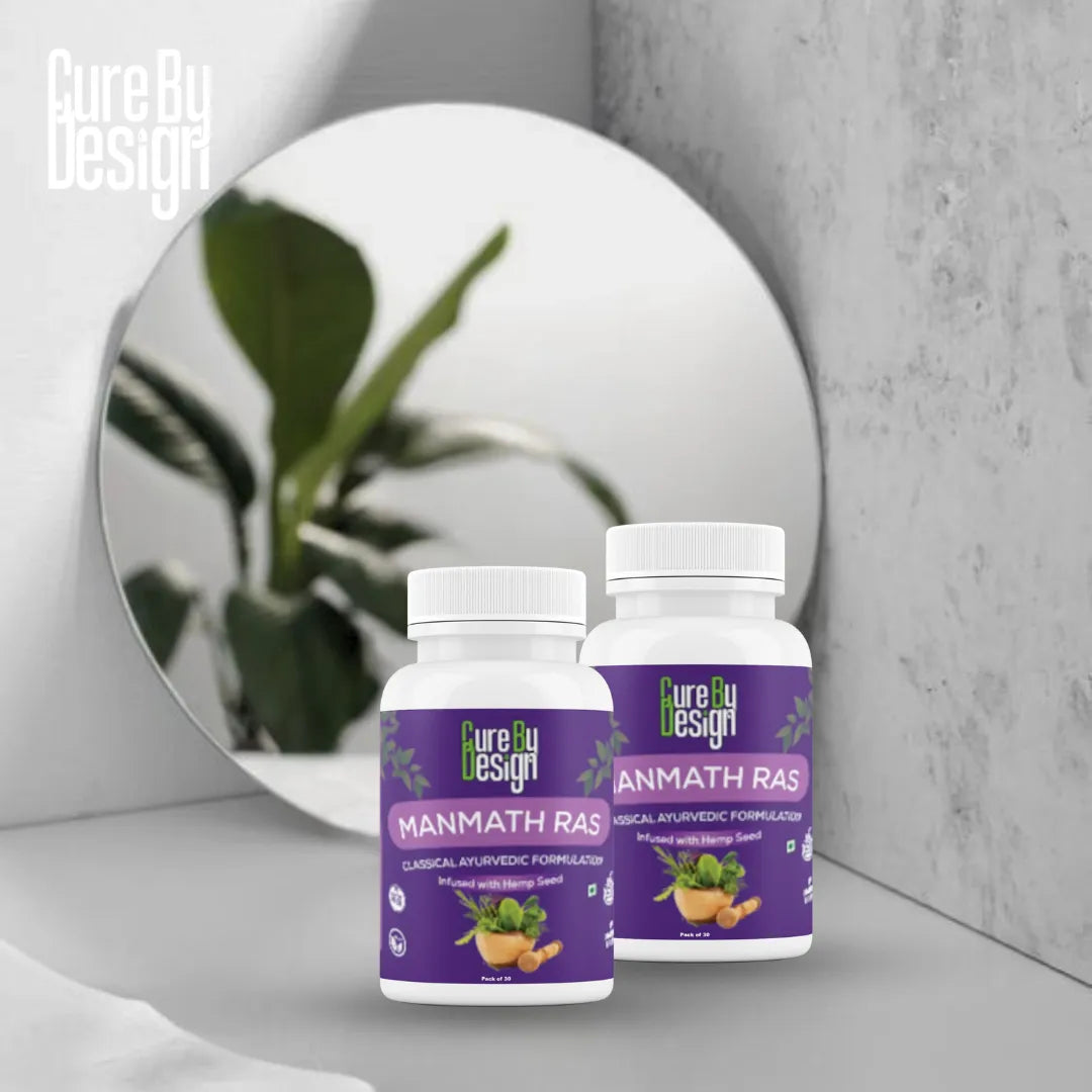Two bottles of Cure By Design Manmath Ras on a gray surface with a mirror and plant in the background.