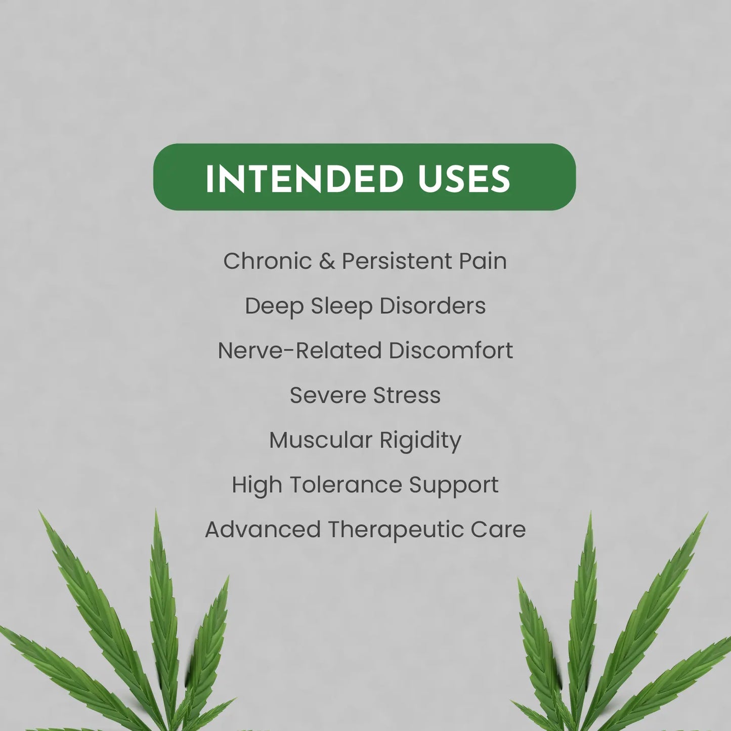 List of intended uses for a product with cannabis leaves on a gray background