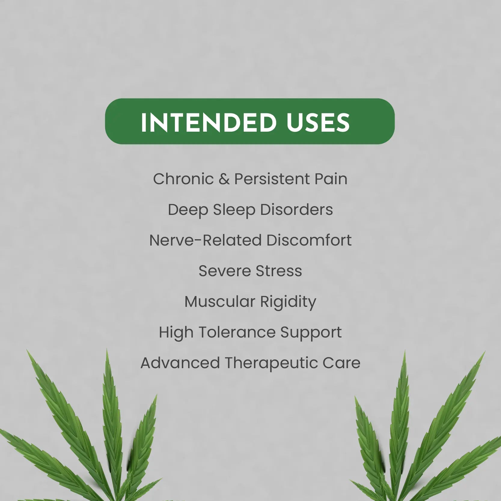 List of intended uses for a product with cannabis leaves on a gray background